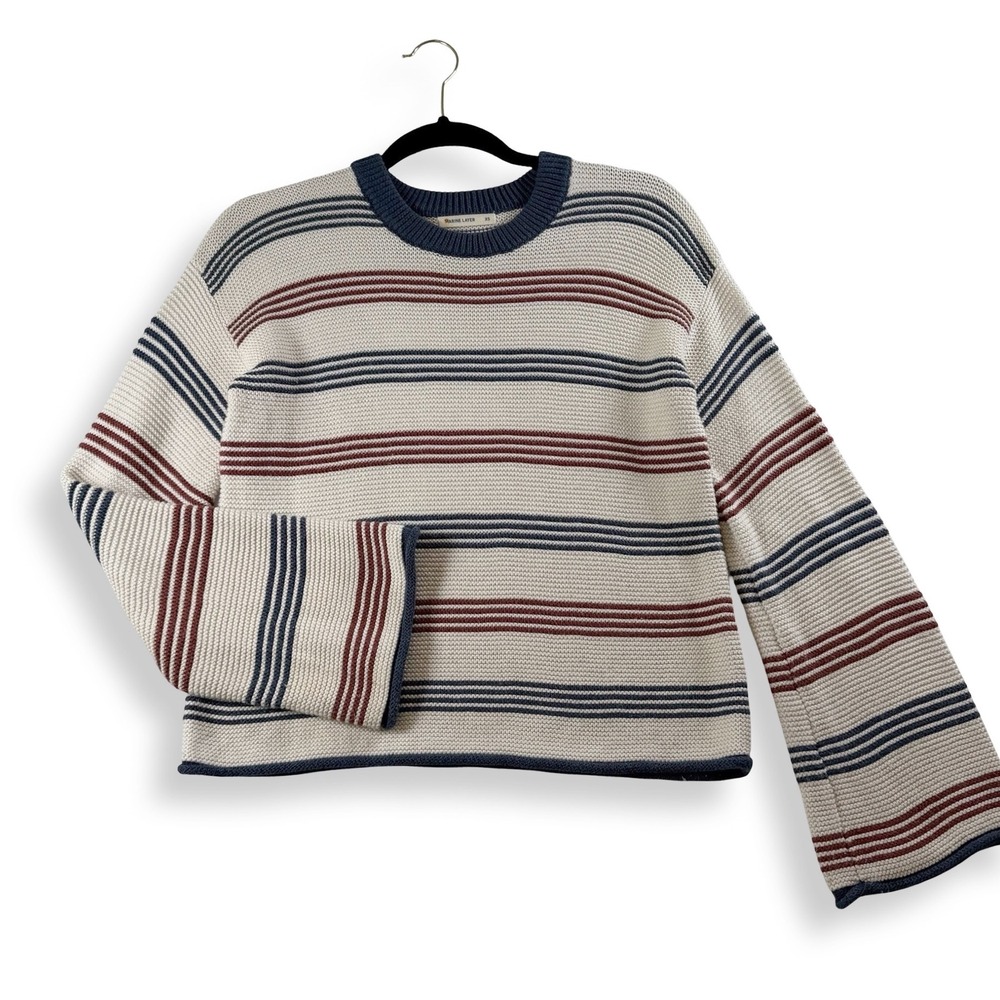 Marine Layer Womens XS Striped Cotton Sweater Cream Navy Burgundy Boxy Cropped